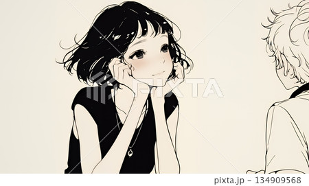 会議で発表している男性に魅了され、新しい恋の予感を抱いた若い女性（シンプルな色使い）