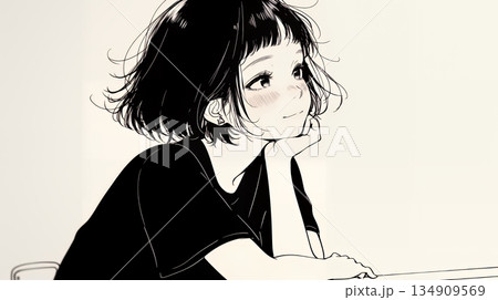 会議で発表している男性に魅了され、新しい恋の予感を抱いた若い女性（シンプルな色使い）