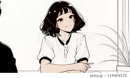 会議で発表している男性に魅了され、新しい恋の予感を抱いた若い女性（シンプルな色使い）