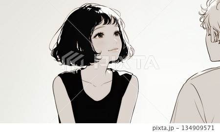 会議で発表している男性に魅了され、新しい恋の予感を抱いた若い女性（シンプルな色使い）