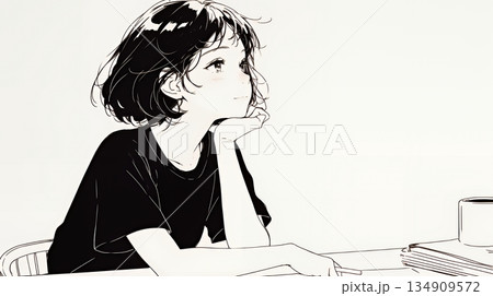 会議で発表している男性に魅了され、新しい恋の予感を抱いた若い女性（シンプルな色使い）