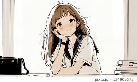 会議で発表している男性に魅了され、新しい恋の予感を抱いた若い女性（シンプルな色使い）