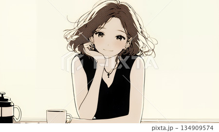 会議で発表している男性に魅了され、新しい恋の予感を抱いた若い女性（シンプルな色使い）