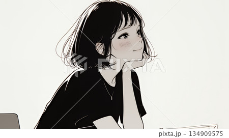 会議で発表している男性に魅了され、新しい恋の予感を抱いた若い女性（シンプルな色使い）