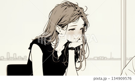 会議で発表している男性に魅了され、新しい恋の予感を抱いた若い女性（シンプルな色使い）