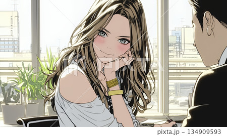 会議で発表している男性に魅了され、新しい恋の予感を抱いた若い女性