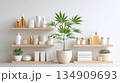 Medical cannabis plant displayed on wooden shelves with various skincare products, creating a serene and organized pharmacy atmosphere 134909693