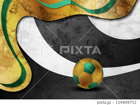 Grunge abstract football background in gold and green with dynamic waves and soccer ball Grunge abstract football background in gold and green with dynamic waves and soccer ball 134909752