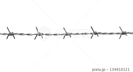 Single, sharp strand of barbed wire isolated on transparent background, symbolizing security, danger, barriers, and restricted access concepts 134910121