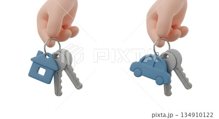 3d cartoon hands holding a house key and a set of car keys together, representing a major purchase, moving in, or buying a new home and vehicle 134910122
