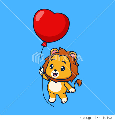Cute lion cartoon character flying while holding a red heart balloon. Adorable animal illustration in vector style, expressing happiness and freedom, suitable for children content, celebration themes, Cute lion cartoon character flying while holding a red heart balloon. Adorable animal illustration in vector style, expressing happiness and freedom, suitable for children content, celebration themes, 134910198