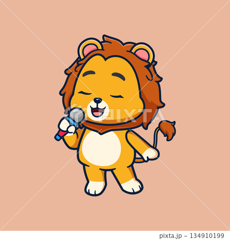 Cute lion cartoon character singing while holding a microphone. Adorable animal illustration in vector style, expressing joy and performance, suitable for children content, music themes, entertainment 134910199