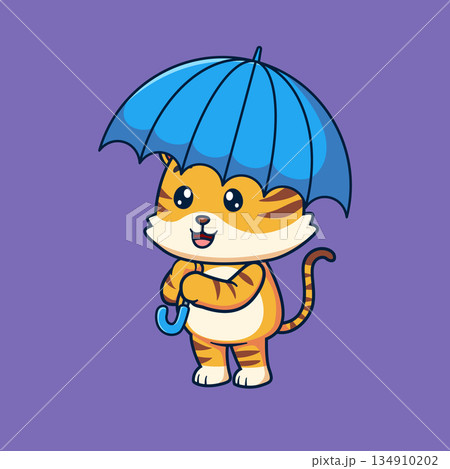 Cute cartoon tiger character holding an umbrella with a cheerful expression. Adorable animal illustration in simple design style, representing rain, weather, protection, care, and positivity. Cute cartoon tiger character holding an umbrella with a cheerful expression. Adorable animal illustration in simple design style, representing rain, weather, protection, care, and positivity. 134910202