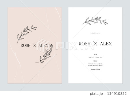 Minimalist floral wedding invitation card template design, floral line art ink drawing on bright orange and white 134910822