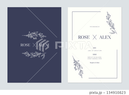 Minimalist floral wedding invitation card template design, floral line art ink drawing on blue and bright grey 134910823