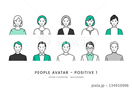 40代〜60代シニア世代男女　ポジティブな表情のシンプルなベクターイラストアイコンセット 134910996
