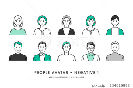 40代〜60代シニア世代男女　ネガティブな表情のシンプルなベクターイラストアイコンセット 134910998