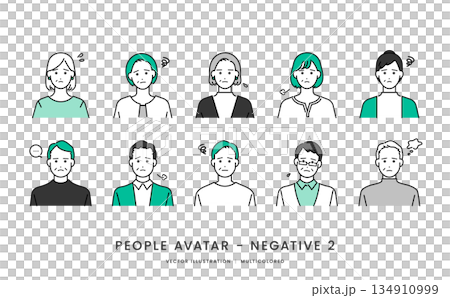 40代〜60代シニア世代男女　ネガティブな表情と記号のシンプルなベクターイラストアイコンセット 134910999