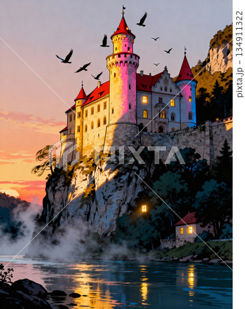 Sunrise illuminates ancient fortress by sea, Sea fog and sunlight dance over towering cliff castle 134911322