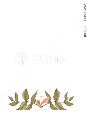 Floral frame vertical border, peach blossoms, green leaves, watercolor hand-painted illustration isolated on white, botanical design ideal for wedding stationery, invitations, greeting cards, branding 134911892