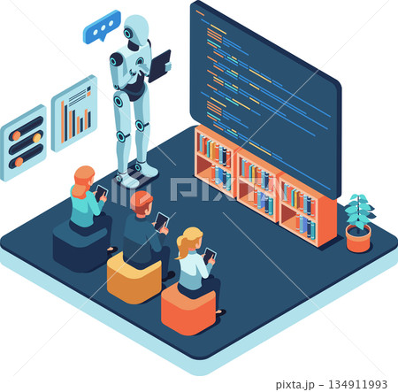 Isometric AI Robot Teacher Teaching Coding Class to Students Isometric AI Robot Teacher Teaching Coding Class to Students 134911993