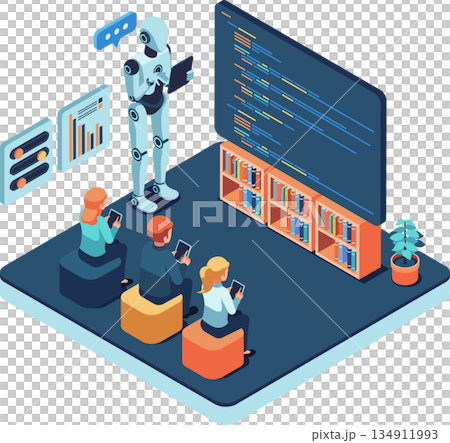 Isometric AI Robot Teacher Teaching Coding Class to Students Isometric AI Robot Teacher Teaching Coding Class to Students 134911993