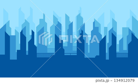 Minimal blue cityscape silhouette with layered buildings, creating a clean urban background 134912079