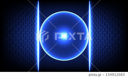 Glowing Blue Energy Sphere with Futuristic Hexagon Tech Background Glowing Blue Energy Sphere with Futuristic Hexagon Tech Background 134912083