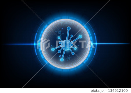 Futuristic virus illustration inside glowing digital circle, representing biotechnology, virus Futuristic virus illustration inside glowing digital circle, representing biotechnology, virus 134912100
