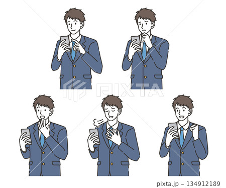 スマホを見る男子高校生の感情バリエーションイラストセット スマホを見る男子高校生の感情バリエーションイラストセット 134912189