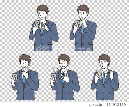 スマホを見る男子高校生の感情バリエーションイラストセット スマホを見る男子高校生の感情バリエーションイラストセット 134912189