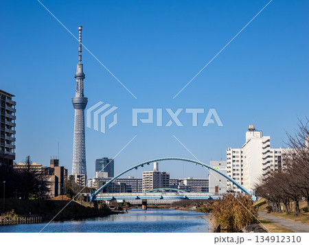旧中川に架かる「ふれあい橋」と東京スカイツリーが見える風景 旧中川に架かる「ふれあい橋」と東京スカイツリーが見える風景 134912310