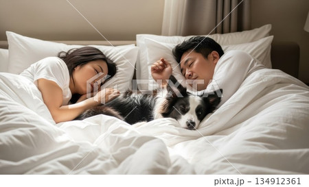 朝の光の中で犬と添い寝する若いカップルの穏やかな寝顔 134912361
