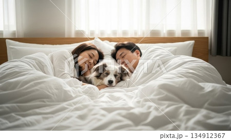 朝の光の中で犬と添い寝する若いカップルの穏やかな寝顔 134912367