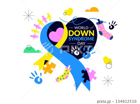 World Down Syndrome Day Vector Illustration March 21 Featuring Blue Yellow Ribbon Earth Map Unpaired Socks Kids Flat Cartoon Background 134912510