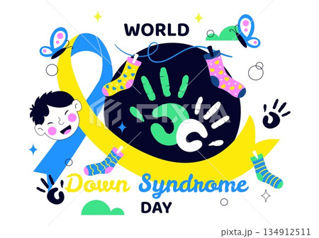 World Down Syndrome Day Vector Illustration March 21 Featuring Blue Yellow Ribbon Earth Map Unpaired Socks Kids Flat Cartoon Background World Down Syndrome Day Vector Illustration March 21 Featuring Blue Yellow Ribbon Earth Map Unpaired Socks Kids Flat Cartoon Background 134912511