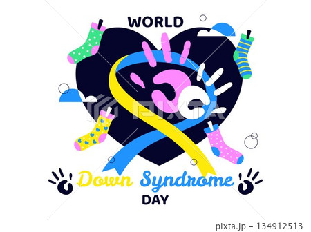 World Down Syndrome Day Vector Illustration March 21 Featuring Blue Yellow Ribbon Earth Map Unpaired Socks Kids Flat Cartoon Background 134912513