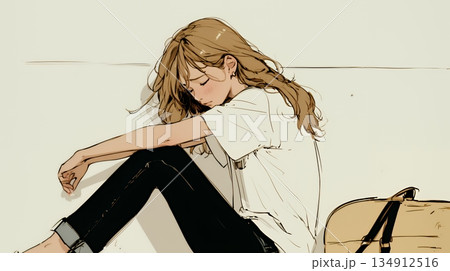 腹痛（生理痛）に苦しむ若い女性（シンプルな色使い）