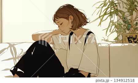 腹痛(生理痛)に苦しむ若い女性(シンプルな色使い) 腹痛(生理痛)に苦しむ若い女性(シンプルな色使い) 134912518