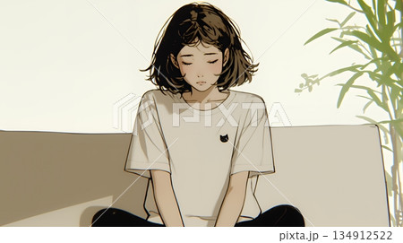 腹痛（生理痛）に苦しむ若い女性（シンプルな色使い）