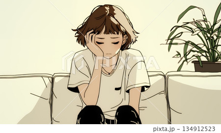 腹痛（生理痛）に苦しむ若い女性（シンプルな色使い）