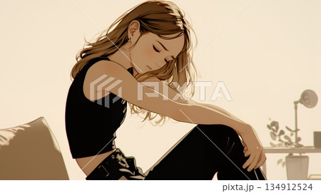 腹痛（生理痛）に苦しむ若い女性（シンプルな色使い）