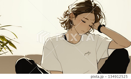 腹痛（生理痛）に苦しむ若い女性（シンプルな色使い）