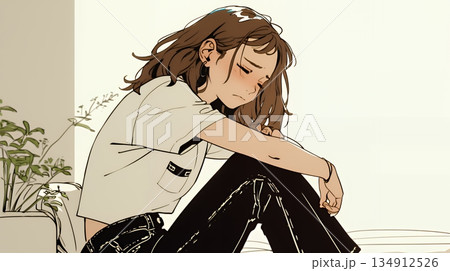 腹痛（生理痛）に苦しむ若い女性（シンプルな色使い）