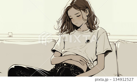 腹痛（生理痛）に苦しむ若い女性（シンプルな色使い）