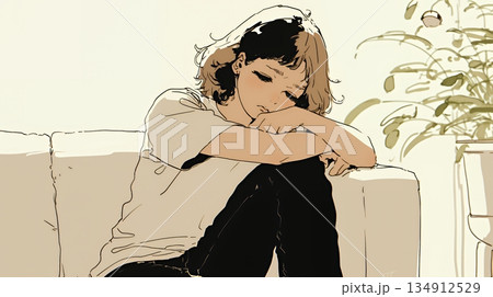 腹痛（生理痛）に苦しむ若い女性（シンプルな色使い）