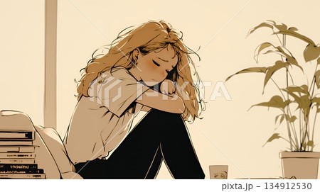 腹痛（生理痛）に苦しむ若い女性（シンプルな色使い） 134912530