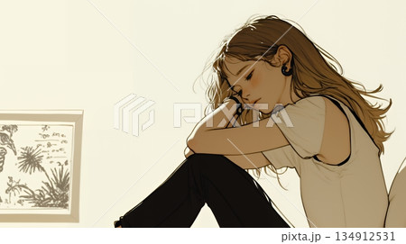 腹痛（生理痛）に苦しむ若い女性（シンプルな色使い） 134912531