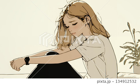 腹痛（生理痛）に苦しむ若い女性（シンプルな色使い）