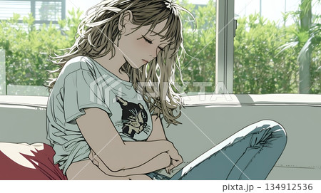 腹痛（生理痛）に苦しむ若い女性